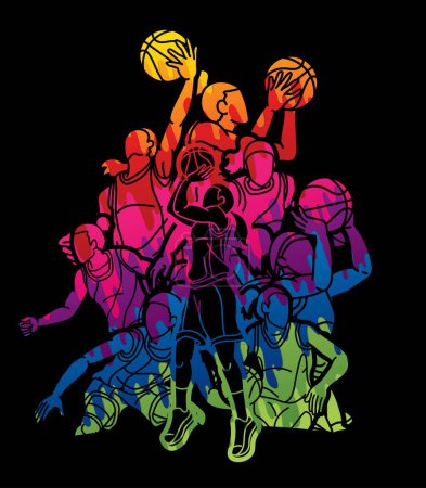 Téléchargez les illustrations : Groupe de Basketball Joueuses Action Cartoon Sport Graphic Vector - en licence libre de droit