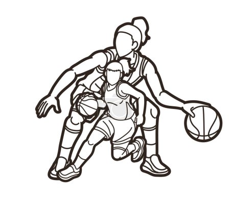 Téléchargez les illustrations : Group of Basketball Female Players Action Cartoon Sport Graphic Vector - en licence libre de droit