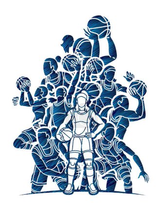 Ilustración de Grupo de Jugadoras de Baloncesto Acción Dibujos Animados Deporte Vector Gráfico - Imagen libre de derechos