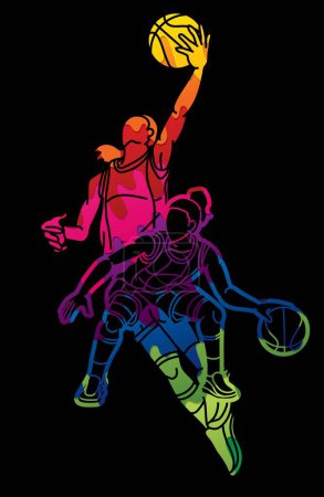 Ilustración de Grupo de Jugadoras de Baloncesto Acción Dibujos Animados Deporte Vector Gráfico - Imagen libre de derechos