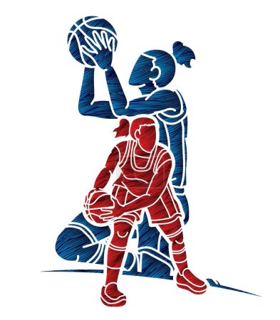 Ilustración de Grupo de Jugadoras de Baloncesto Acción Dibujos Animados Deporte Equipo Vector Gráfico - Imagen libre de derechos