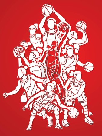 Ilustración de Grupo de Jugadoras de Baloncesto Acción Dibujos Animados Deporte Equipo Vector Gráfico - Imagen libre de derechos