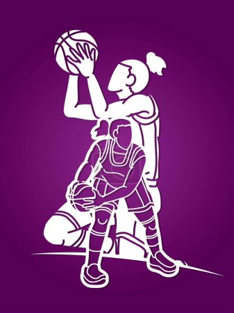 Téléchargez les illustrations : Basketball Équipe Femmes Joueuses Action Cartoon Sport Équipe Graphic Vector - en licence libre de droit