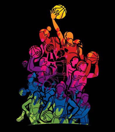 Illustration for Basketball Team Women Players Action Cartoon Sport Team Graphic Vector - Royalty Free Image