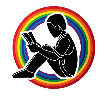 Téléchargez les illustrations : Un garçon lisant un livre Caricature Silhouette Graphique vectoriel - en licence libre de droit