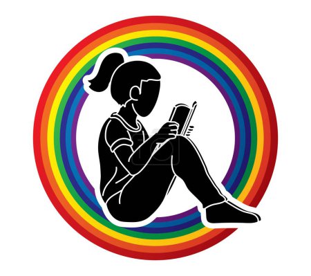 Téléchargez les illustrations : Une fille lisant un livre Cartoon Silhouette Graphic Vector - en licence libre de droit