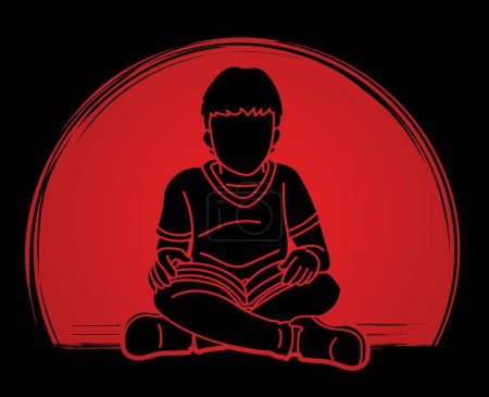 Illustration for A Boy Reading A Book Cartoon Silhouette Graphic Vector - Royalty Free Image