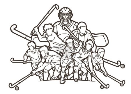 Téléchargez les illustrations : Hockey sur gazon Sport Team Joueurs masculins Mix Action Cartoon Graphic Vector - en licence libre de droit