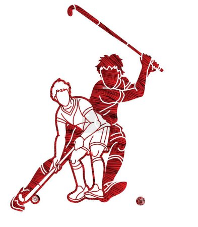 Illustration for Field Hockey Sport Team Male Players Mix Action Cartoon Graphic Vector - Royalty Free Image