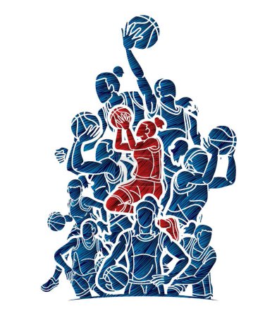 Illustration for Group of Basketball Women Players Action Cartoon Sport Team Graphic Vector - Royalty Free Image
