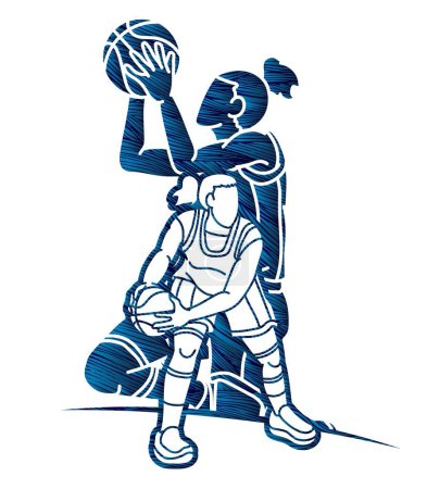 Téléchargez les illustrations : Groupe de Basketball Joueuses Mélange Action Cartoon Sport Team Graphic Vector - en licence libre de droit