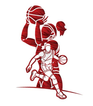 Illustration for Group of Basketball Women Players Mix Action Cartoon Sport Team Graphic Vector - Royalty Free Image