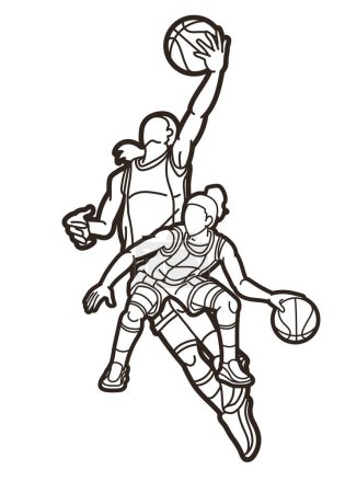 Illustration for Group of Basketball Women Players Mix Action Cartoon Sport Team Graphic Vector - Royalty Free Image