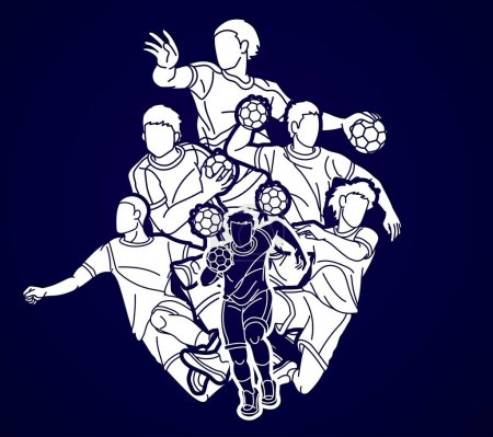 Ilustración de Grupo de Balonmano Deporte Jugadores Masculinos Equipo Mezcla Acción Dibujos Animados Vector Gráfico - Imagen libre de derechos