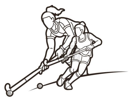 Illustration for Group of Field Hockey Sport Team Female Players Mix Action Cartoon Graphic Vector - Royalty Free Image