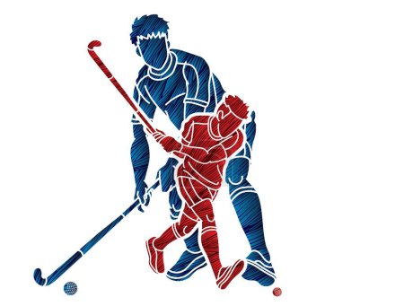 Téléchargez les illustrations : Hockey sur gazon Sport Team Joueurs masculins Mix Action Cartoon Graphic Vector - en licence libre de droit
