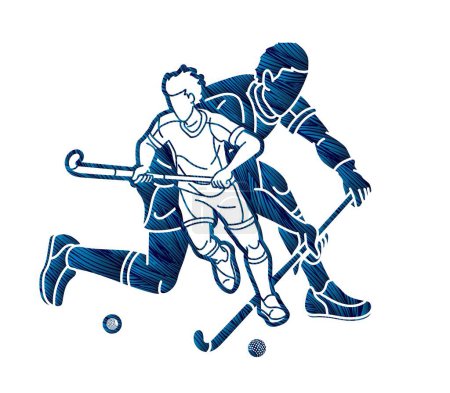 Téléchargez les illustrations : Hockey sur gazon Sport Joueurs masculins Mix Action Cartoon Graphic Vector - en licence libre de droit