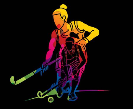 Téléchargez les illustrations : Groupe de Hockey sur gazon Sport Team Mix Action Joueuses Cartoon Graphic Vector - en licence libre de droit