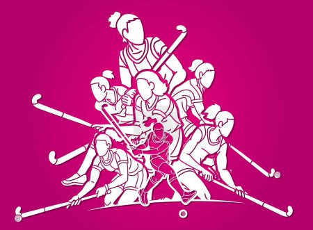 Illustration for Group of Field Hockey Sport Team Mix Action Female Players Cartoon Graphic Vector - Royalty Free Image