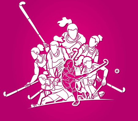 Illustration for Group of Field Hockey Sport Team Mix Action Female Players Cartoon Graphic Vector - Royalty Free Image