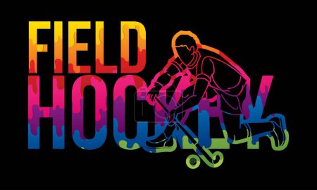 Illustration for Field Hockey Font Text Design with Sport Player Cartoon Graphic Vector - Royalty Free Image