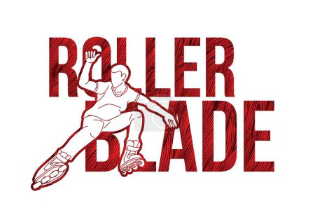 Ilustración de Roller blade Roller Skate Player con diseño de fuente de texto Vector gráfico de dibujos animados de deporte extremo - Imagen libre de derechos