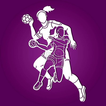 Illustration for Group of Handball Players Female Mix Action Cartoon Sport Team Graphic Vector - Royalty Free Image