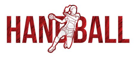 Téléchargez les illustrations : Sport de handball avec lecteur féminin et vecteur graphique de dessin animé de conception de texte - en licence libre de droit
