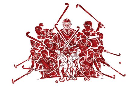 Téléchargez les illustrations : Groupe de Hockey sur gazon Sport Homme et Femme Joueurs Action Cartoon Graphic Vector - en licence libre de droit