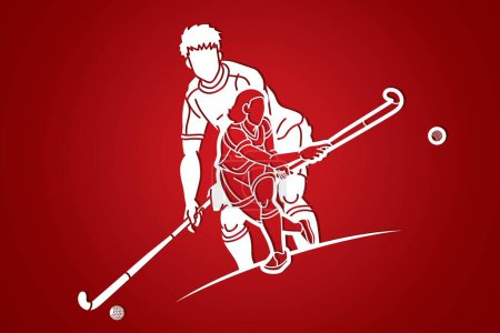 Illustration for Group of Field Hockey Sport Man and Woman Players Action Cartoon Graphic Vector - Royalty Free Image