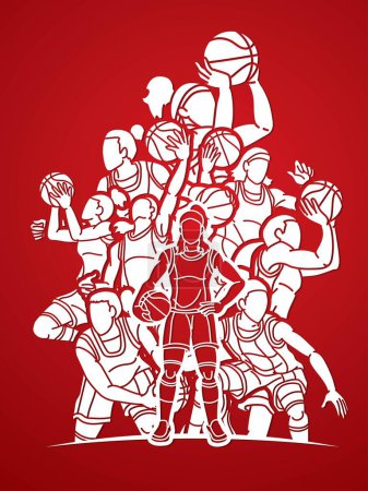 Illustration for Basketball Female Players Mix Action Cartoon Sport Team Graphic Vector - Royalty Free Image