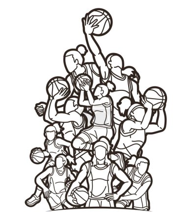 Ilustración de Baloncesto Jugadoras Mezcla Acción Dibujos Animados Deporte Equipo Vector Gráfico - Imagen libre de derechos