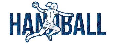 Téléchargez les illustrations : Handball Sport Joueuse Action avec Texte Dessin animé Graphique vecteur - en licence libre de droit
