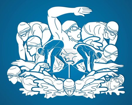Illustration for Swimming Sport Male and Female Swimmer Mix Action Cartoon Graphic Vector - Royalty Free Image