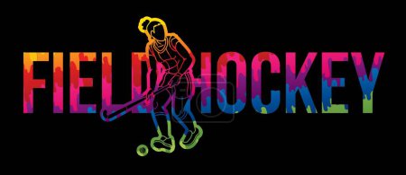 Ilustración de Texto de hockey sobre hierba diseñado con el vector gráfico del deporte de la historieta del jugador femenino - Imagen libre de derechos