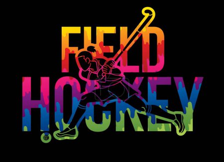 Illustration for Field Hockey Text Designed with Female Player Cartoon Sport Graphic Vector - Royalty Free Image