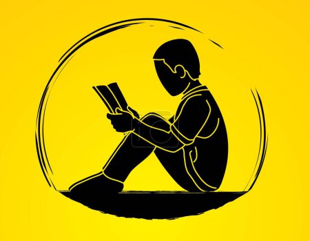 Téléchargez les illustrations : Un garçon lisant un livre Caricature Silhouette Graphique vectoriel - en licence libre de droit