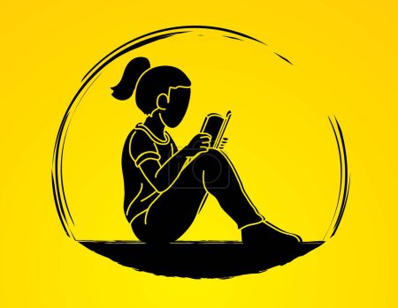 Téléchargez les illustrations : Une fille lisant un livre Cartoon Silhouette Graphic Vector - en licence libre de droit