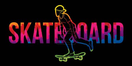 Téléchargez les illustrations : Texte de planche à roulettes conçu avec Skateboarder Action Cartoon Extreme Sport Graphic Vector - en licence libre de droit