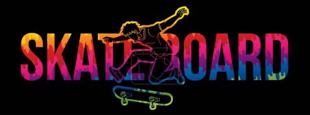 Téléchargez les illustrations : Texte de planche à roulettes conçu avec Skateboarder Action Cartoon Extreme Sport Graphic Vector - en licence libre de droit