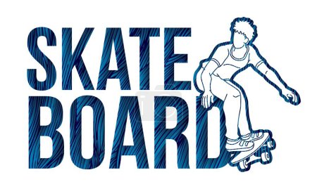 Illustration for Skateboard Text Designed with Skateboarder Action Cartoon Extreme Sport Graphic Vector - Royalty Free Image