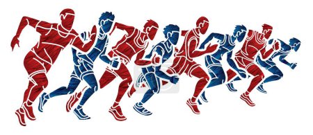 Téléchargez les illustrations : Groupe de personnes Courir Hommes Mélanger Action Runner Ensemble Cartoon Sport Graphic Vector - en licence libre de droit