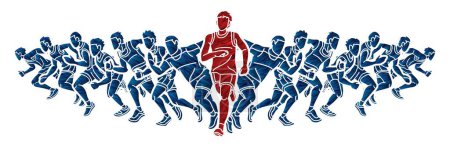 Illustration for Group of People Running Men Mix Action Runner Together Cartoon Sport Graphic Vector - Royalty Free Image