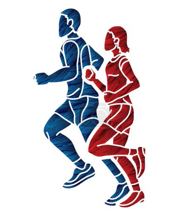 Téléchargez les illustrations : Groupe de personnes qui courent ensemble Homme et Femme Coureur Marathon Cartoon Sport Graphic Vector - en licence libre de droit