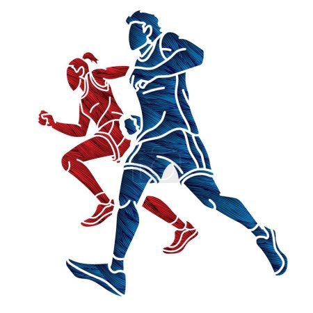 Ilustración de Grupo de personas corriendo juntas Hombre y mujer corredor Maratón Dibujos animados Deporte gráfico Vector - Imagen libre de derechos