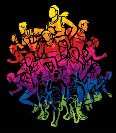 Téléchargez les illustrations : Groupe de personnes qui courent ensemble Homme et Femme Coureur Marathon Cartoon Sport Graphic Vector - en licence libre de droit