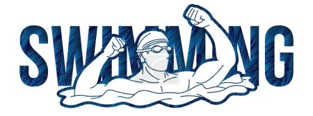 Illustration for Swimming Text with  A Man Swimmer Font Design Cartoon Graphic Vector - Royalty Free Image