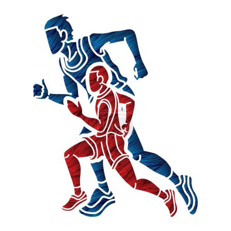 Téléchargez les illustrations : Groupe de Runner Action Commencer à courir Hommes Courir ensemble Cartoon Sport Graphic Vector - en licence libre de droit