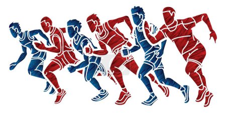 Ilustración de Grupo de Runner Acción Inicio Ejecutar Hombres Ejecutar Juntos Dibujos Animados Deporte Gráfico Vector - Imagen libre de derechos