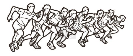 Ilustración de Grupo de Runner Acción Inicio Ejecutar Hombres Ejecutar Juntos Dibujos Animados Deporte Gráfico Vector - Imagen libre de derechos